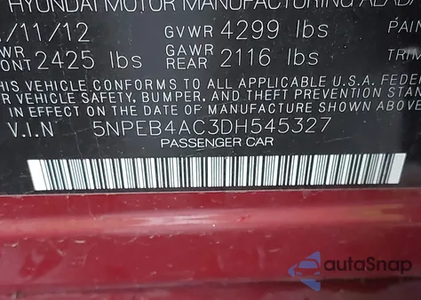 2013 Hyundai Sonata Gls z USA, uszkodzony, nr VIN 5NPEB4AC3DH545327